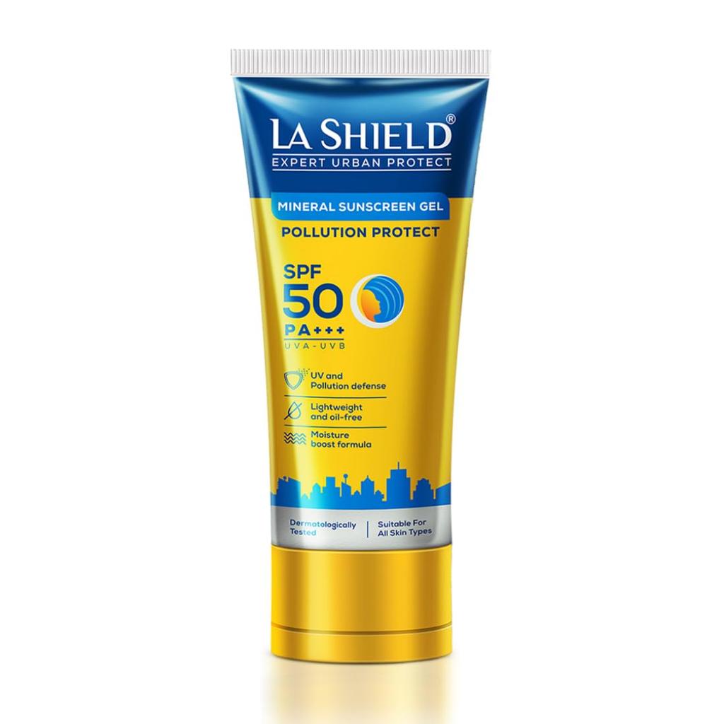 La Shield Pollution Protect SPF 50 Mineral Sunscreen Gel PA+++ | Lightweight Oil Free Moisture Boost | Water Resistant Dermatologist Tested | 50g