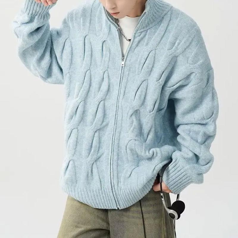 Basic Solid Color Knitted Cardigan Men's Clothing Half High Collar Autumn Winter New Retro Zipper Loose Casual Sweaters