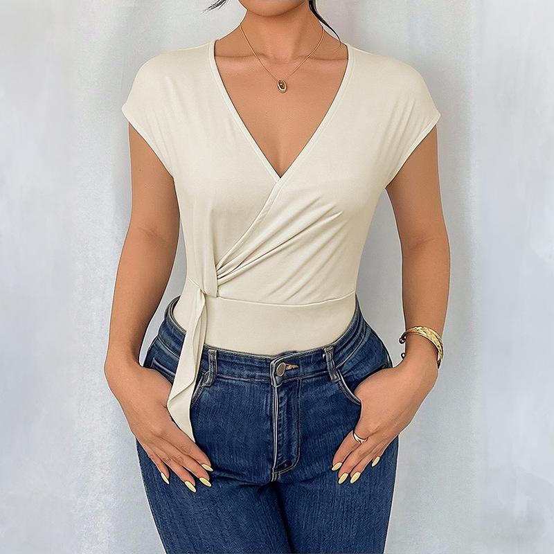 

Women s Wrap V-Neck Tie-Side Fitted Short Sleeve Top S