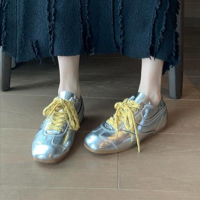 Sheepskin New Spring and Autumn Ballet Style Silver Inner Height Increase Moral Training Shoes Women's Casual Sports Shoes Lace-up Flat Baseplate Shoe