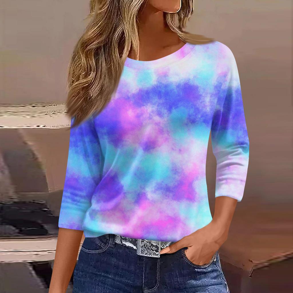 Moda damă ocazional decolteu rotund mâneci 3/4 tricou imprimat largi Top dama