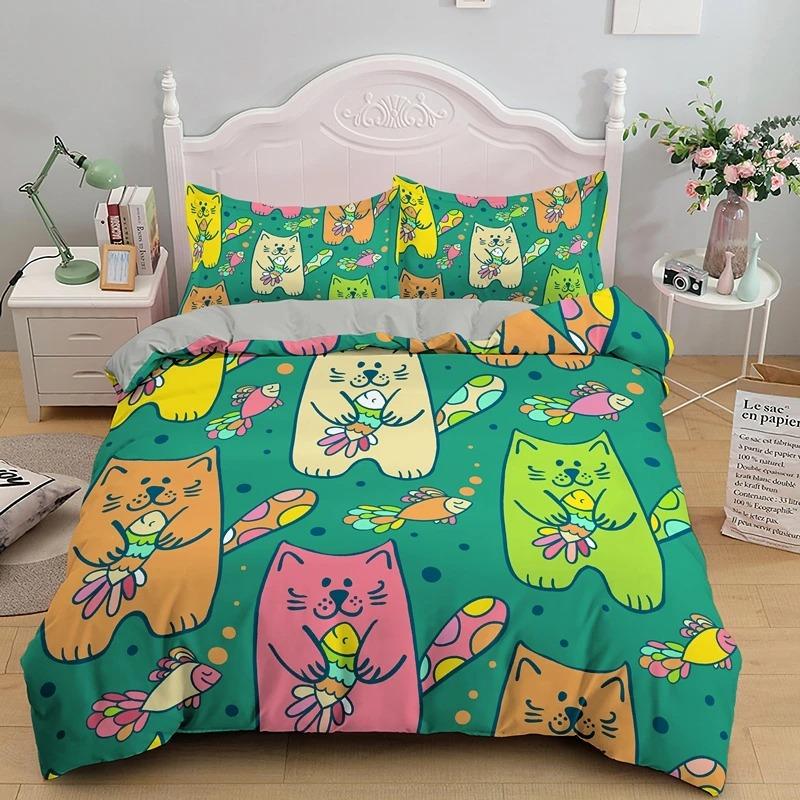 

3D Детский Постельный Комплект с Кошками Размер Твин Зеленый Мультяшные Кошки Постельный Комплект Для Детей Мальчиков Девочек Анималистическая Тема Милый Узор с Котятами 2/3 предмета 70x133cm