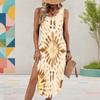 Women Plus Size U Neck Sleeveless Tie Dye Printed Beige Brown High Side Slit Curved Hem Dress