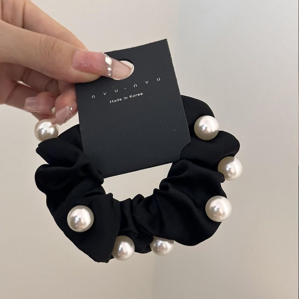 Black Color Pearl Hair Tie Pearl Decoration Bow Headdress Fashion Ponytail Holder  Daily Wear