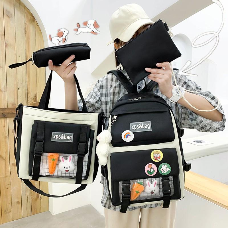 Set di Zaini in Tela da 4-5 Pezzi per Studenti: Design Carino con Carota e Coniglio, Perfetto per Bambine e Bambini delle Scuole Elementari e Medie