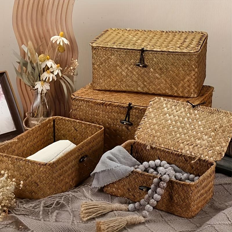 Vintage Hand Woven Storage Rack Basket, Cosmetic Gift Storage Box, Desktop Miscellaneous Storage Box Buckle Woven Storage Basket