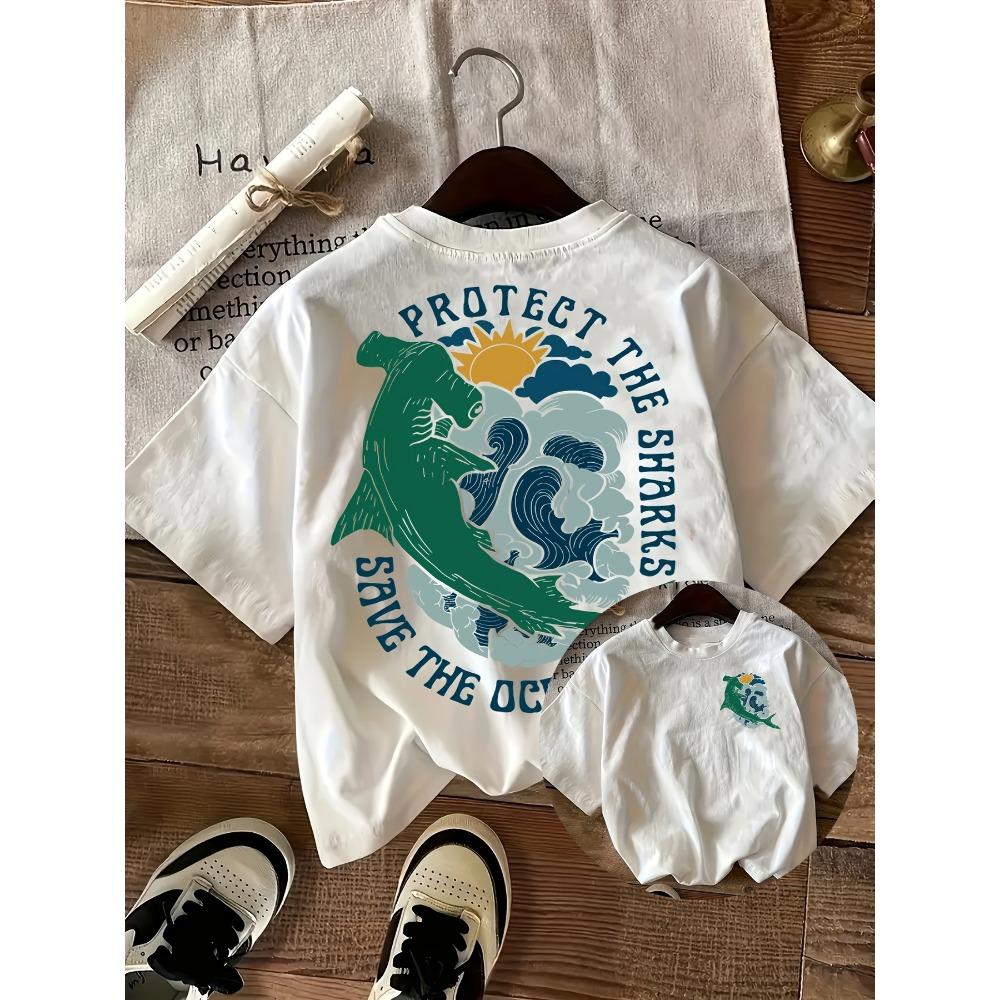 New Arrival Cotton Hammerhead Shark Graphic Short Sleeve Daily Casual Unisex Kids Adults Loose Beach Top