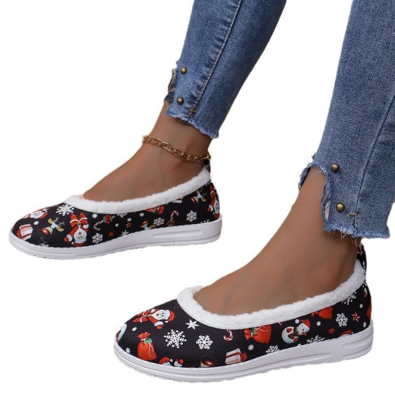 Flat single shoes women's autumn new Christmas elements plush shallow mouth casual women's shoes