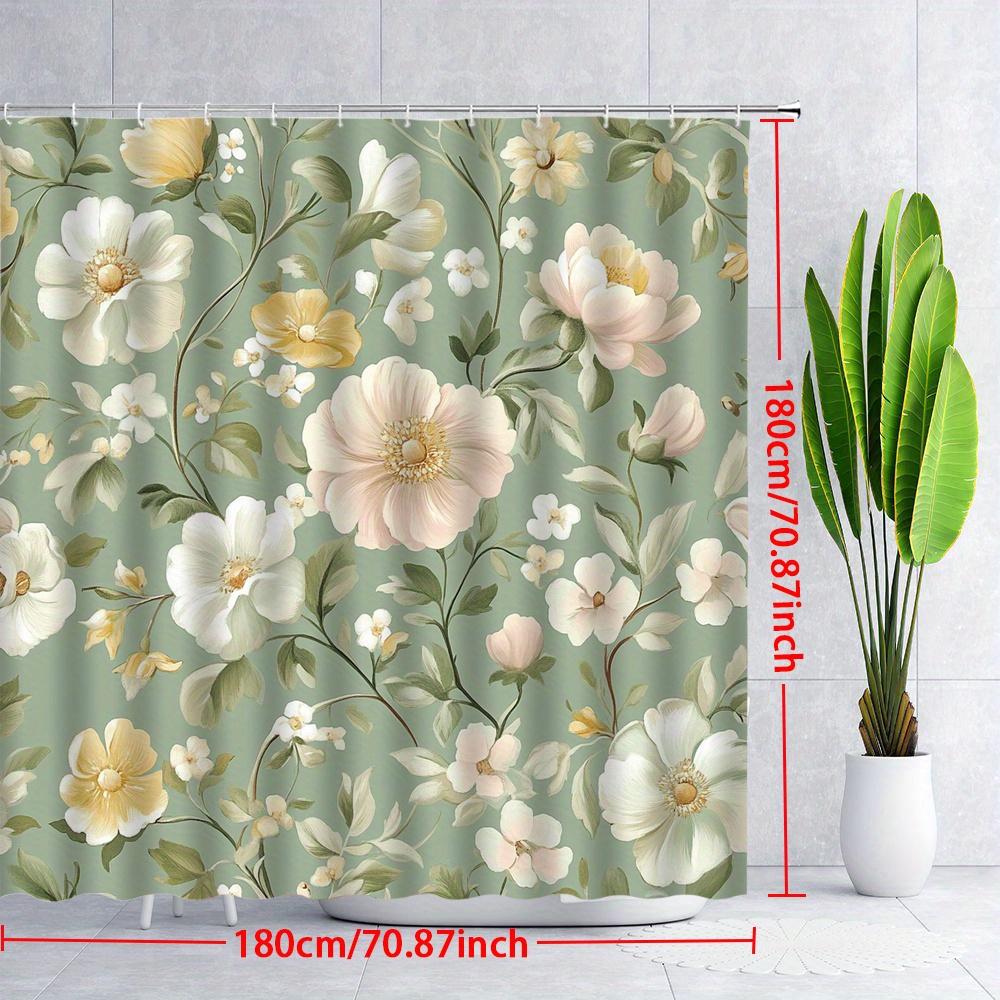Delicate Floral Shower Curtain - White, Pale Yellow, Light Pink Flowers, Subtle Green Leaves, Muted Green Background