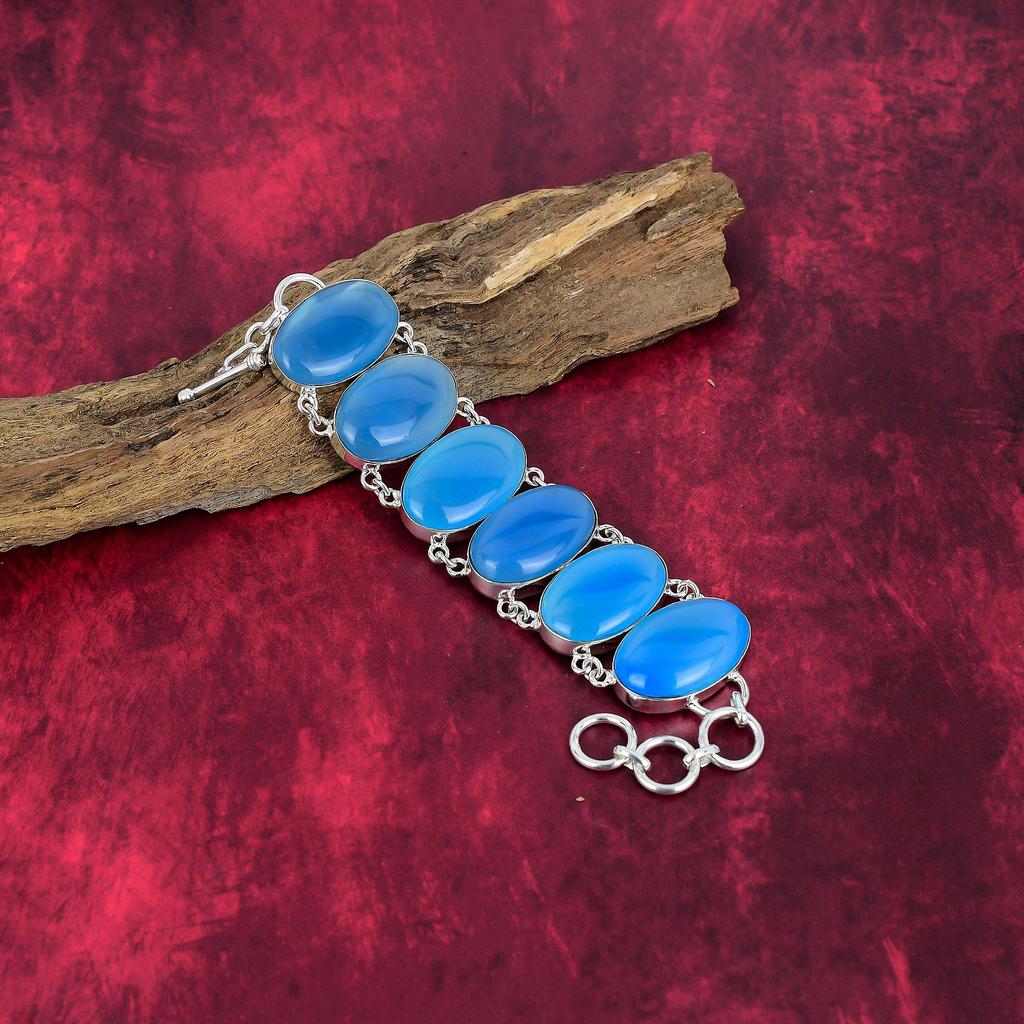 Blue Cat's Eye Handmade Jewelry Set, 925 Solid Sterling Silver Necklace & Bracelet Jewelry Exclusive Design Jewelry Set For Her