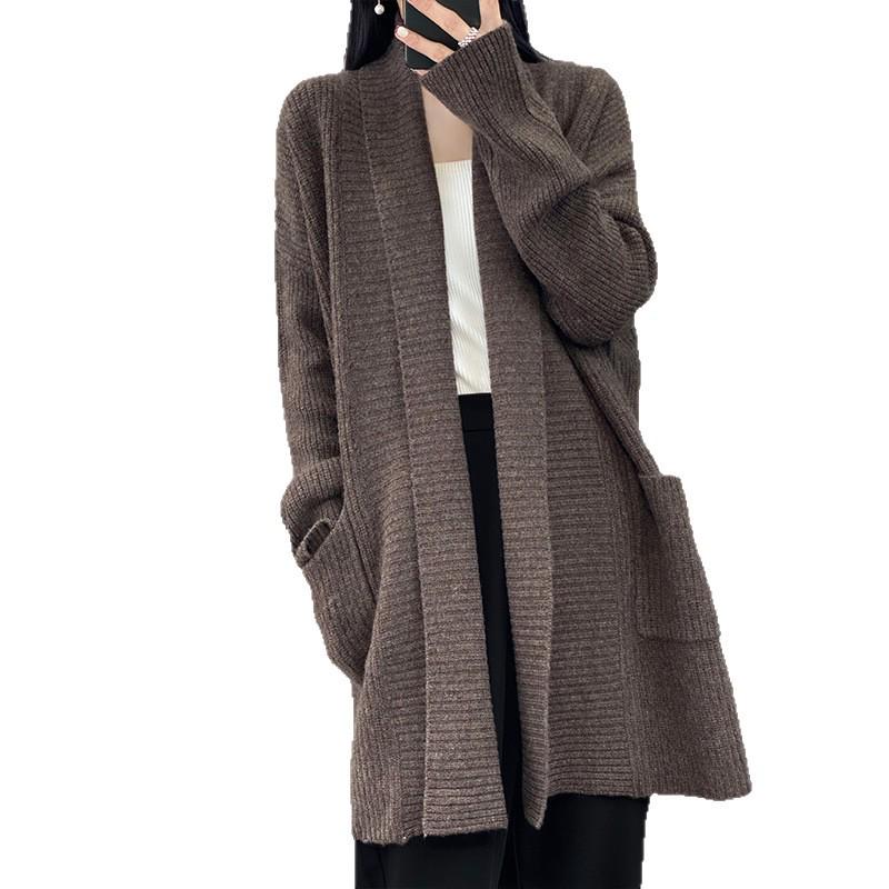 2025 Autumn/Winter Women's Solid Color Mid-Length Cardigan Sweater - Loose Knitwear, Fashionable Lazy Style