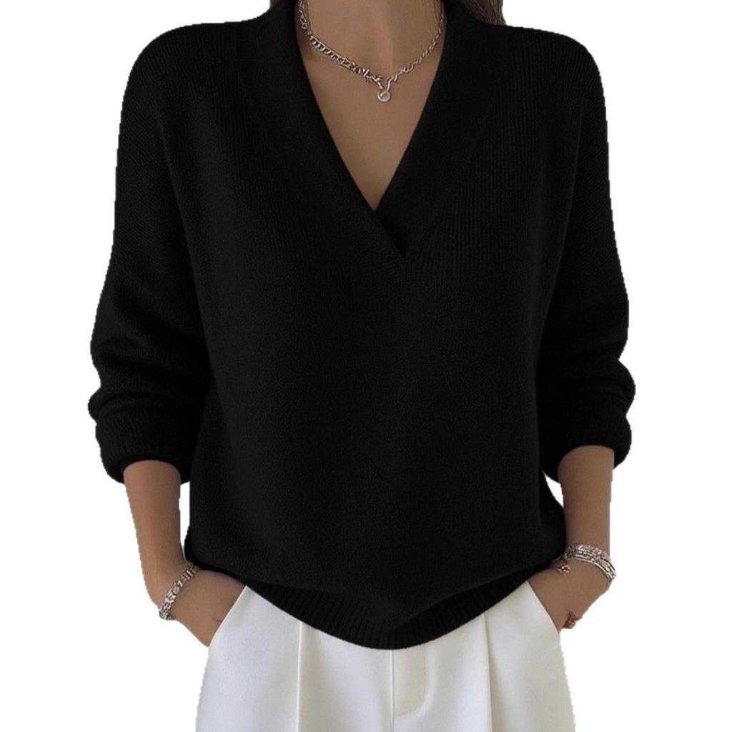 Fall Winter Women's Solid Knit V-Neck Loose Sweater Casual Fashion Pullover Tops for European American