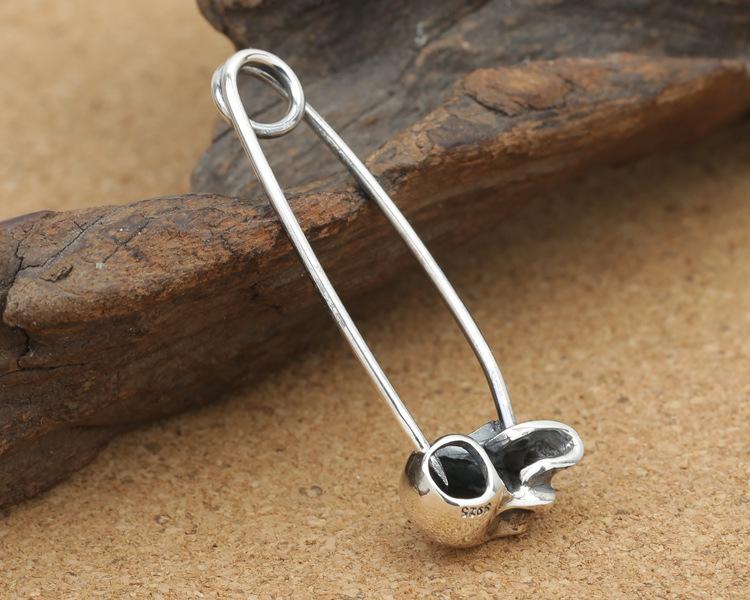 S925 Sterling Silver Vintage Thai Skull Brooch Pendant Sweater Chain