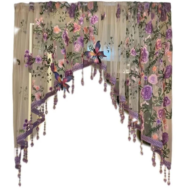 Luxury Country Embroidery Flower Lace Curtain for Kitchen Window Beaded Vintage Voile Farmhouse Triangle Small Curtain