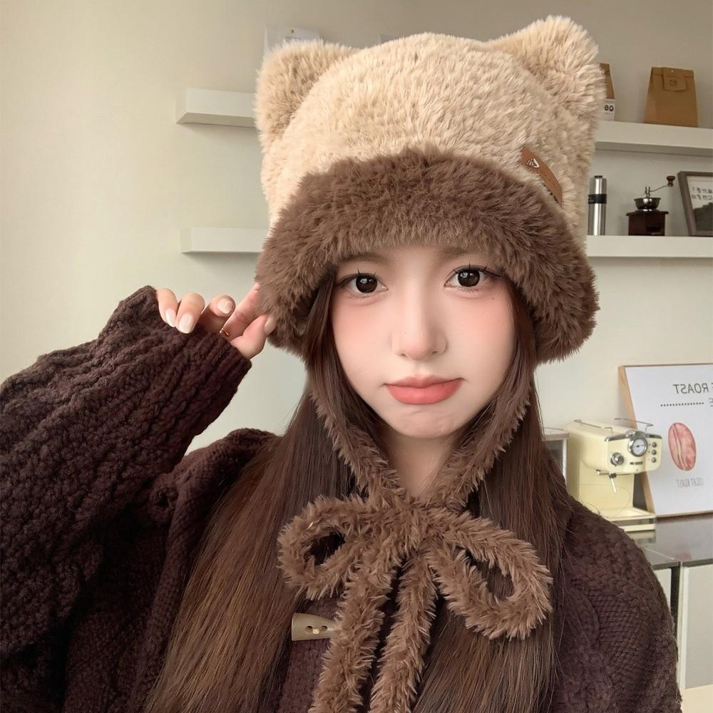 Bear Ear Fuzzy Ear Flap Hat 56-59CM Winter Thermal Hat Cute Plush Trapper Hat Outdoor Use