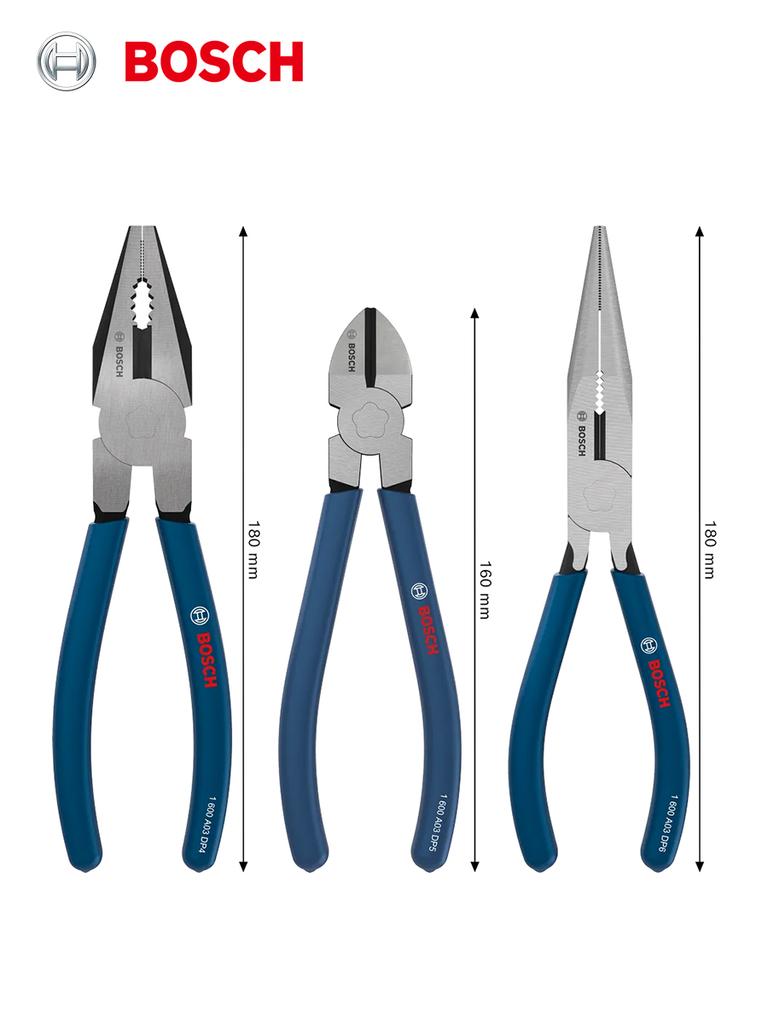 Bosch 3Pcs Pliers Set Chrome Vanadium Steel Hardened Teeth, Phosphated Black Finish, Ergonomic Dip-Molded Handles Long Nose & Diagonal Cutting Pliers