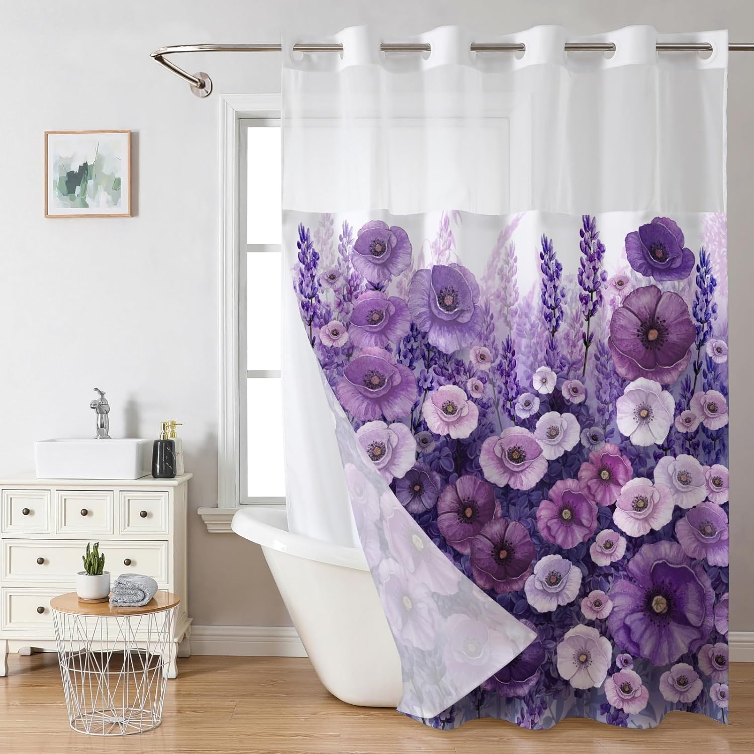 

Floral Hummingbird Shower Curtain - Snap-In Liner, Watercolor Flowers & Butterflies, Fabric Inner, Machine Washable W60H190(CM)-1 Pcs