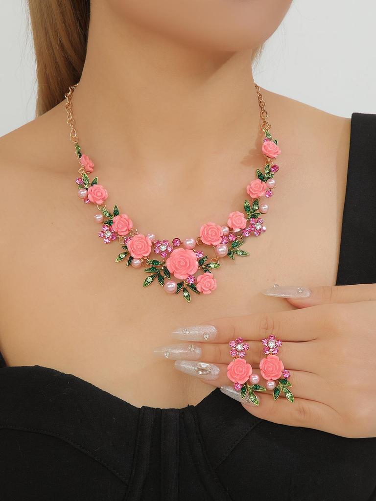 Conjunto de Collar y Pendientes Kaiyi Fashion Fresco de Esmalte con Diamantes y Perlas de Camelia
