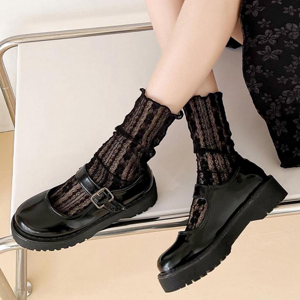 Women's White Lace Mesh Knee-High Socks - Summer Thin, Striped, Mid-Calf, Japanese Style