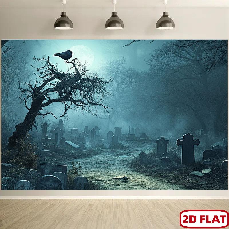 2D flaches Banner, 1 Stück, geeignet für Halloween Spukfriedhof Hintergrund - schreckliche mondbeschienene Friedhofsszene