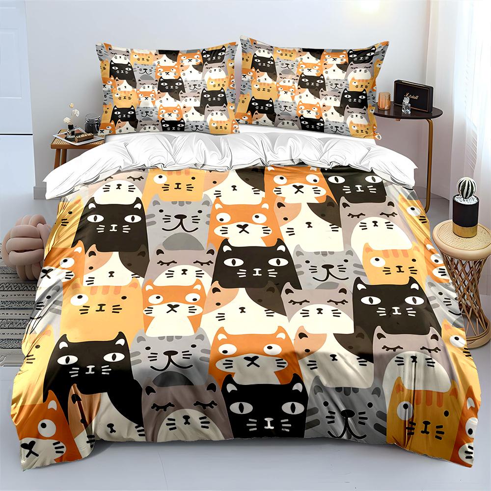 A Fun Background Pattern of Cartoon Cats Bedding Set 1 Duvet Cover 2 Pillowcases for Adult and Children Luxury Gift Full Size