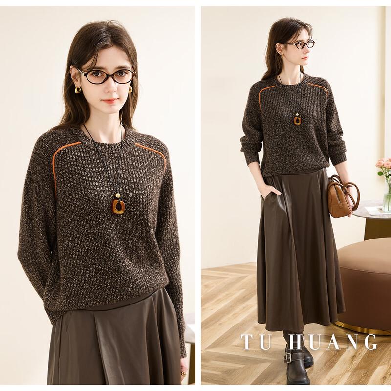 TUHUANG Women's Loose Fit Thickened Pure Cashmere Round Neck Sweater