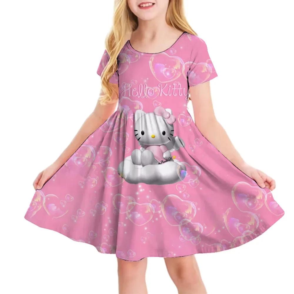 Sanrio New Summer Girls Dress Fashion Cartoon Cute Cinnamoroll &Hello Kitty 3D Printing Dress Kid Short Sleeve Princess Clothing