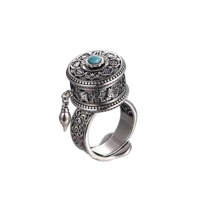 Bohemian Style Adjustable Ring Vintage Engraved Pattern Round Shape Turquoise Stone Top Metal Band Fashion Jewelry for Women Men