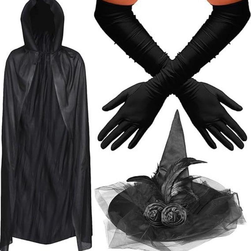 Женский костюм ведьмы с капюшоном, плащ-накидка, шляпа ведьмы и длинные перчатки. Взрослый костюм на Хэллоуин для маскарада, косплея 1 чёрный