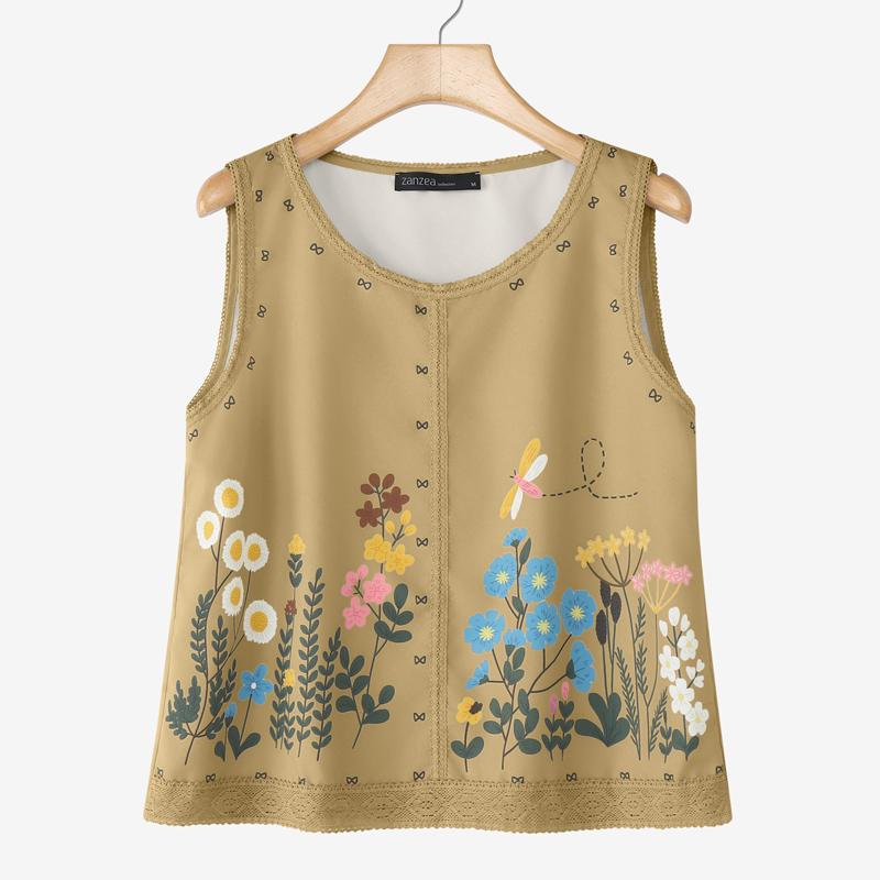 ZANZEA Women Casual Round Neck Summer Sleeveless Print Tank Tops