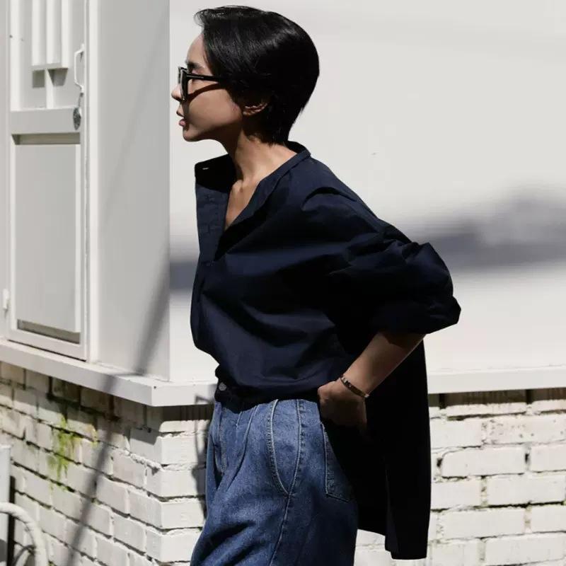 

Johnature летние корейские женские топы с круглым вырезом, повседневные однотонные свободные простые нерегулярные универсальные женские рубашки XL темно-синий