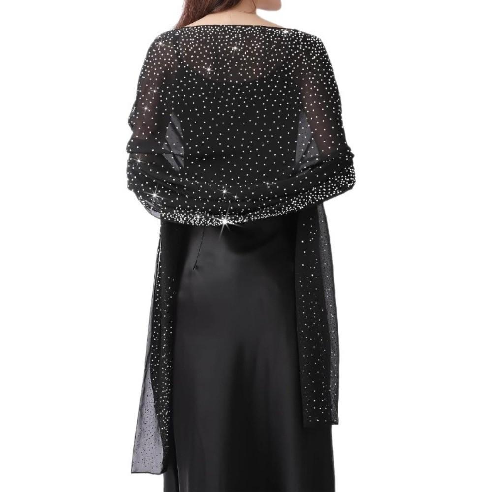 Rhinestone Women Chiffon Shawl Solid Color Breathable Sparkling Sheer Wrap Thin Soft Party Scarf