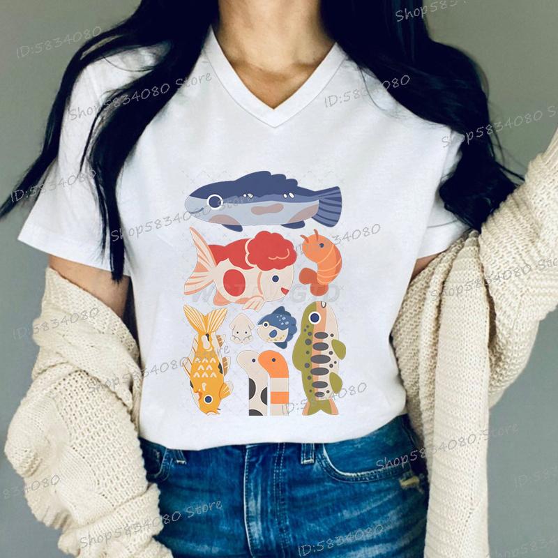 Funny Fish Tshirt for Unisex Women Fashion Summer Tops Fish Print Women Fashion Casual Tops Vneck Cotton Short Sleeve Tee