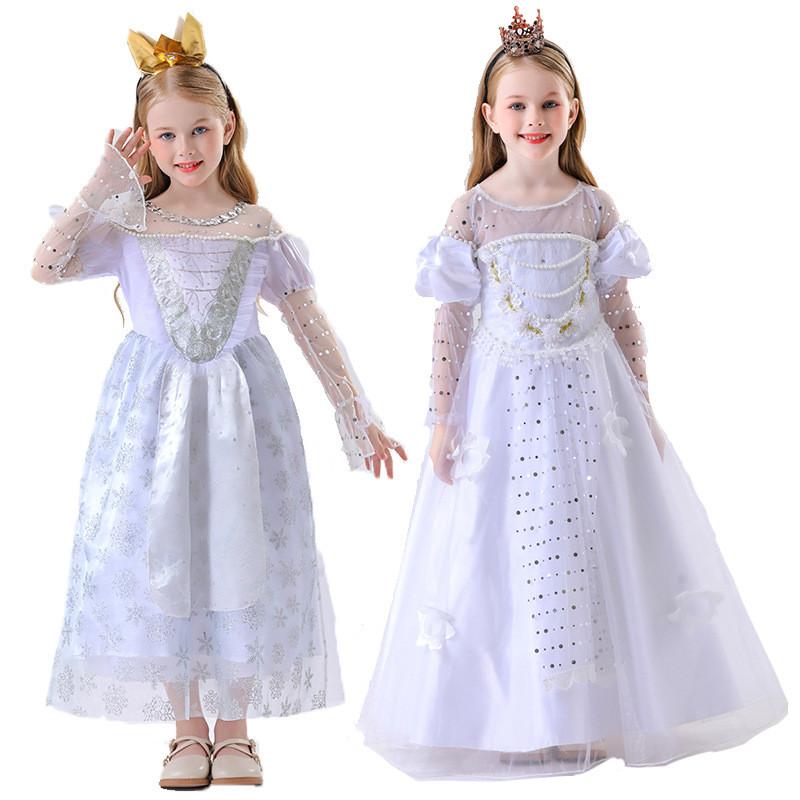 White Queen Costume For Children With Polyester Fabric For Theatrical Performances