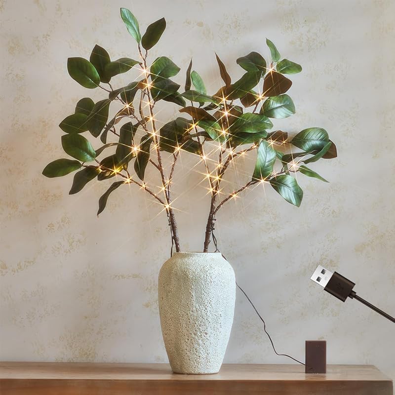 Fudios Magnolia Branches Lights with Timer 32IN 60 LED Battery Operated or USB Plug in Artificial Greenery Magnolia Stems for Spring Decor