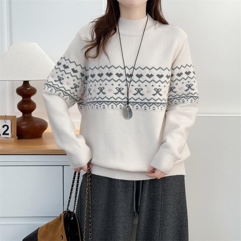 

2025 Autumn/Winter Plus Size Women s Jacquard Knit Sweater - Stand Collar Slimming Pullover 3XL бежевий