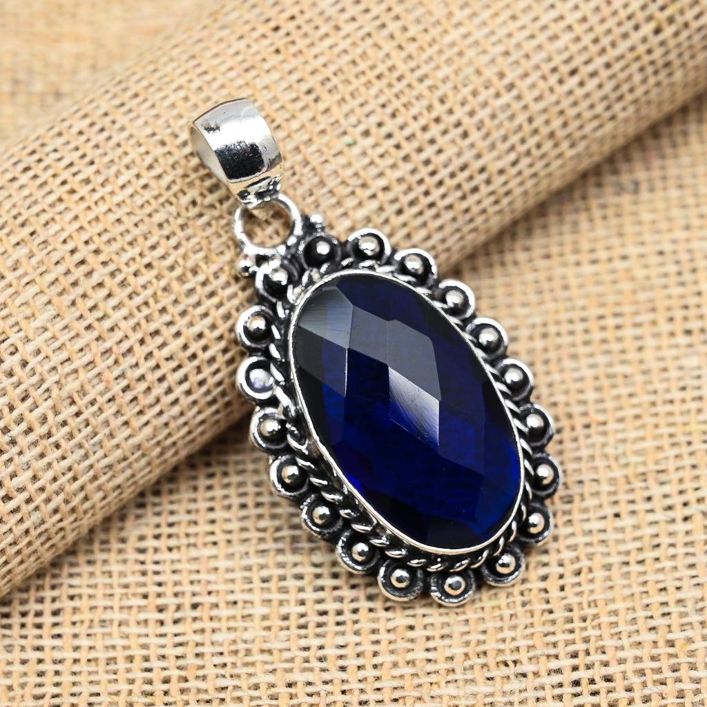 Blue Sapphire Lab-Created Gemstone Handmade 925 Sterling Silver Jewelry Pendant For Women