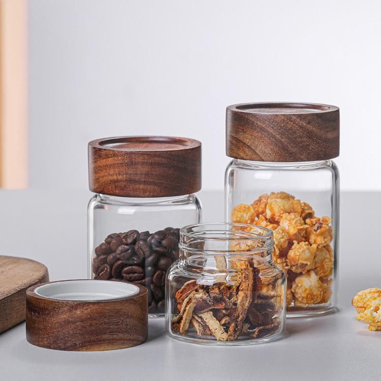 Acacia Wood Lid Airtight Borosilicate Glass Storage Jar for Cereal, Grains, and Coffee Beans