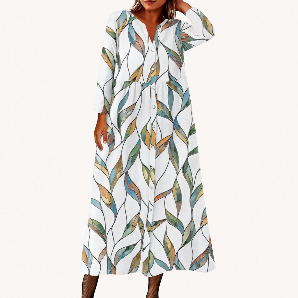 Dámské módní tištěné kulaté sedmiminutové rukávy knoflíkové volné košilové šaty
