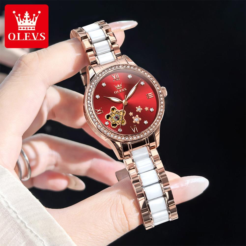OLEVS Automatic Mechanical Woman Watch Hollowed Flower Design Ceramic Strap Diamond Bezel Luminous Waterproof Watches for Women