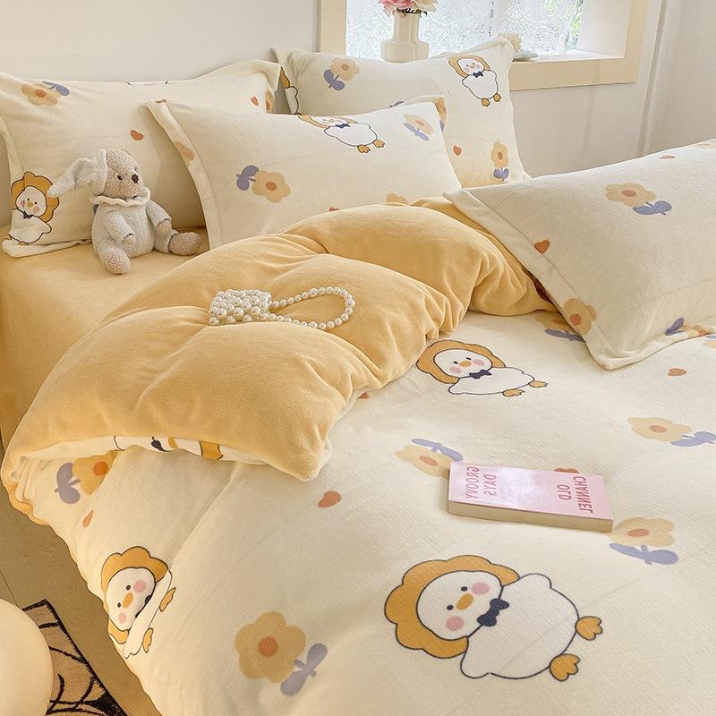 Winter Thickened Milk Velvet Four-piece Set Plus Velvet Warm Coral Velvet Quilt Cover Flannel Sheet Quilt Cover Bedding