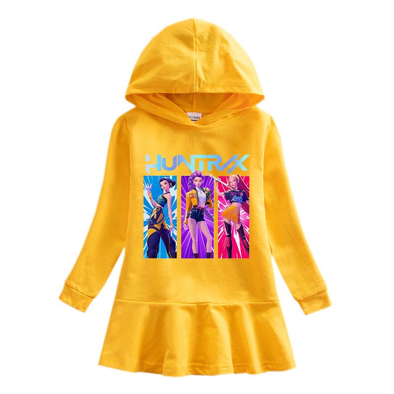 Kpop Demon Hunter Girls' Rainbow Ruffle Hooded Dress – Long Sleeve Princess Style for Spring & Autumn