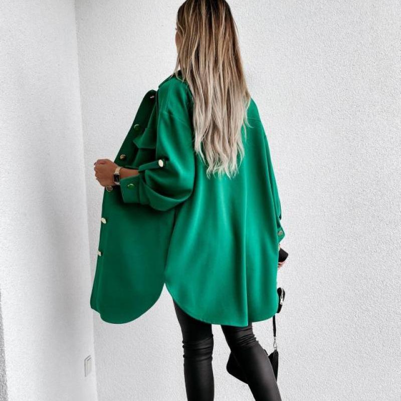 Knopfdekoration Mittellange Hemdjacke Herbst Winter Neu Aufgerollter Ärmel Knopfverziert Midi Hemdjacke, Mit Taschen Asymmetrisches Oberteil