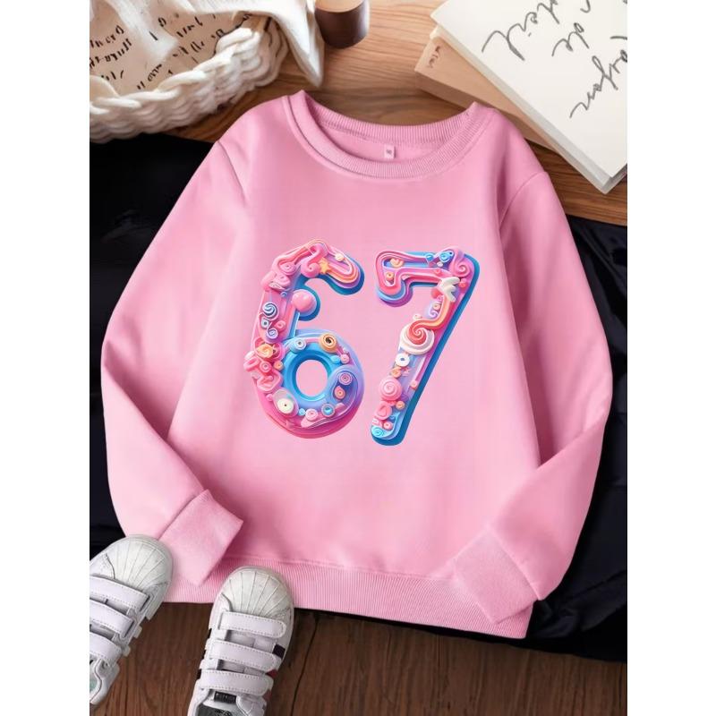 Unisex Kids Red Crewneck Sweatshirt For 4-12 Boys Girls Cute 3D Swirl Donut Candy Number 67 Print Soft Fleece Long Sleeve Pullover
