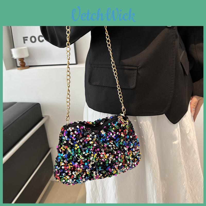 Black And White Sparkly Underarm Bag Women 2024 New Spring Nightclub Chain Small Square Bag Street Fashion