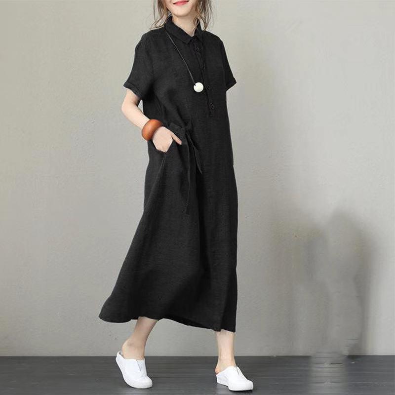 Cotton and Linen Collar Short Sleeved Loose Women's Casual Dress
