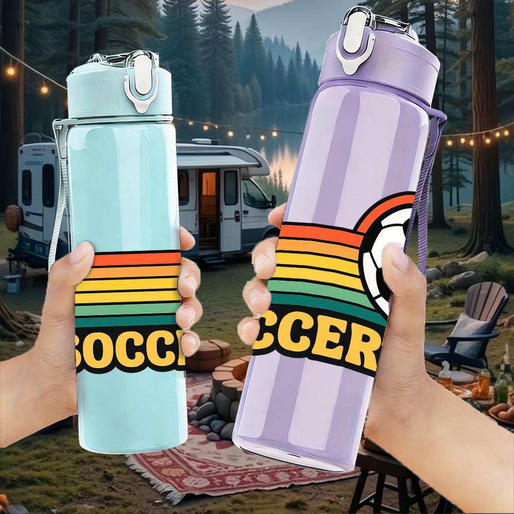 1PC Retro Striped Soccer Logo Print 750ml Color Plastic Sports Water Bottle Leakproof Flip Straw Lid Suitable for Sports Office Home Use