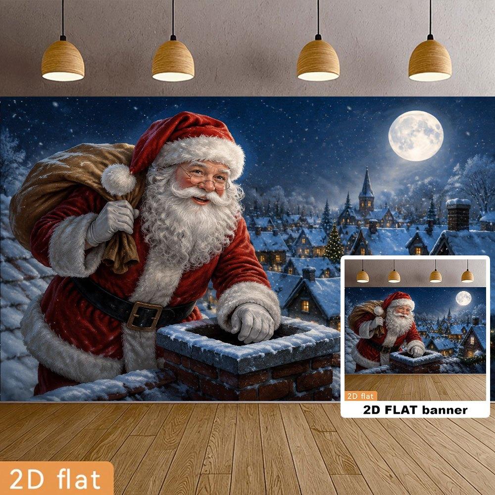Christmas Party Backdrop Banner, Santa Climbing Chimney Scene, Xmas Holiday Photo Background for Indoor Outdoor Party Decor