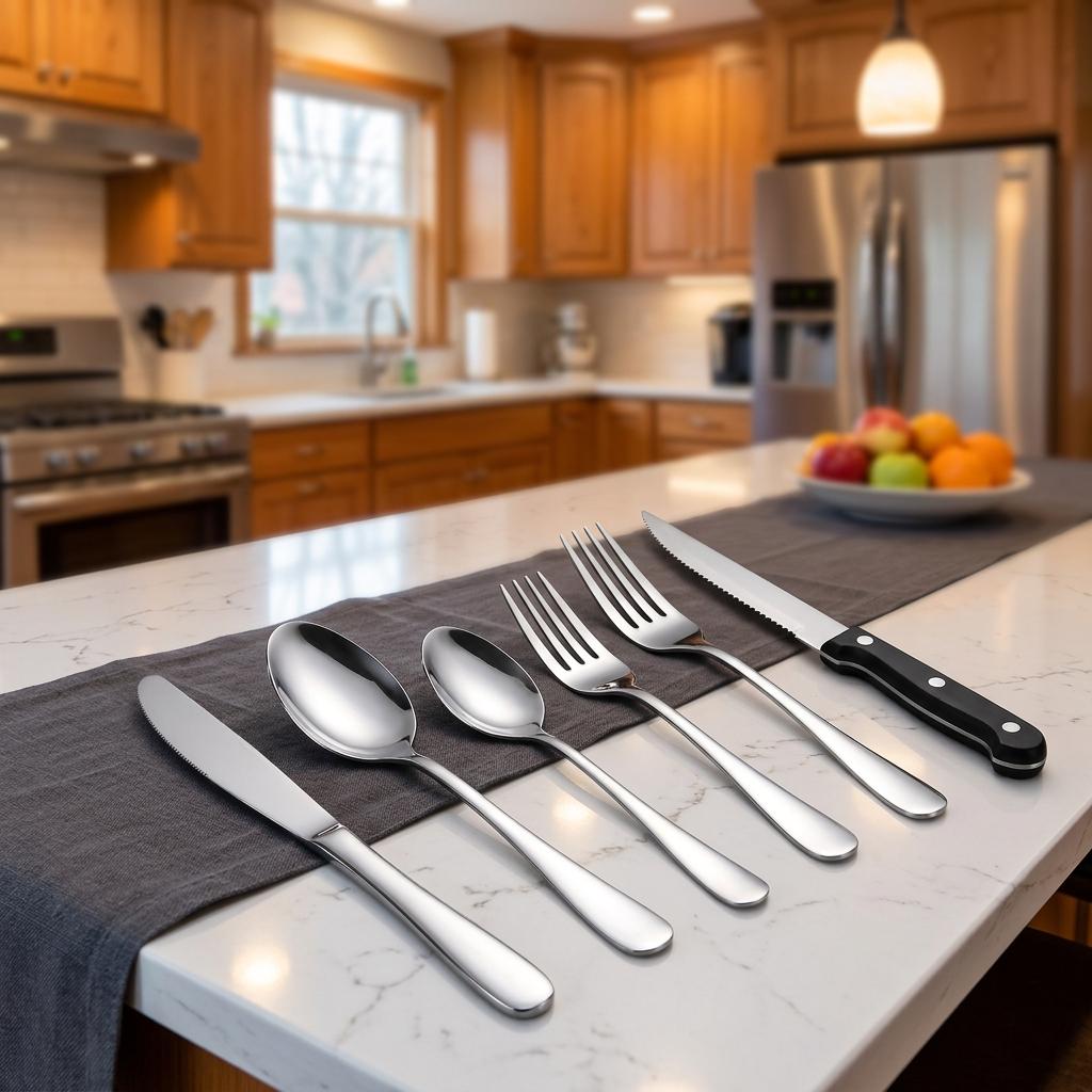 48 Piece Black Cutlery Set (including Steak Knife), Christmas Stainless Steel Cutlery Set (suitable for 4/8 People), Mirror Polished Cutlery Set with