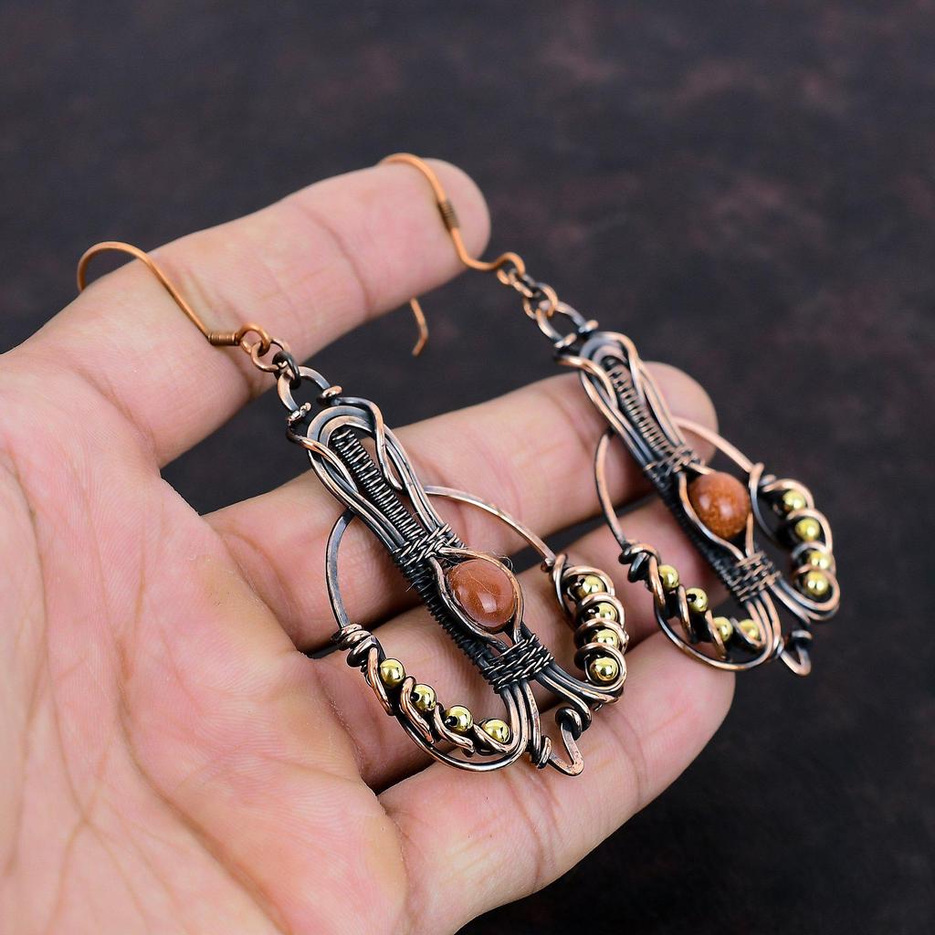 Kolczyki Sun Sitara Kolczyki z miedzianego drutu owiniętego Oryginalne kolczyki z kamieniami szlachetnymi Biżuteria miedziana Ręcznie robione kolczyki Prezent zaręczynowy Biżuteria z drutu owiniętego